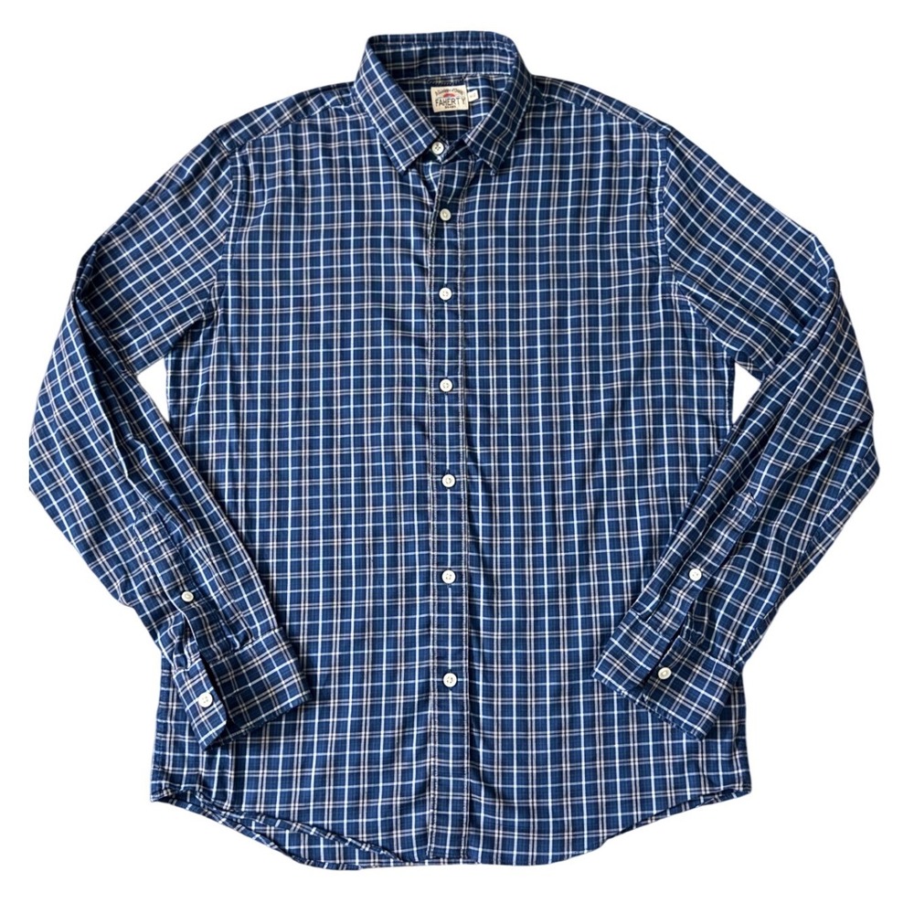 Faherty Brand Mens Movement Shirt‎ Navy Blue White Plaid Button Down Med GG07